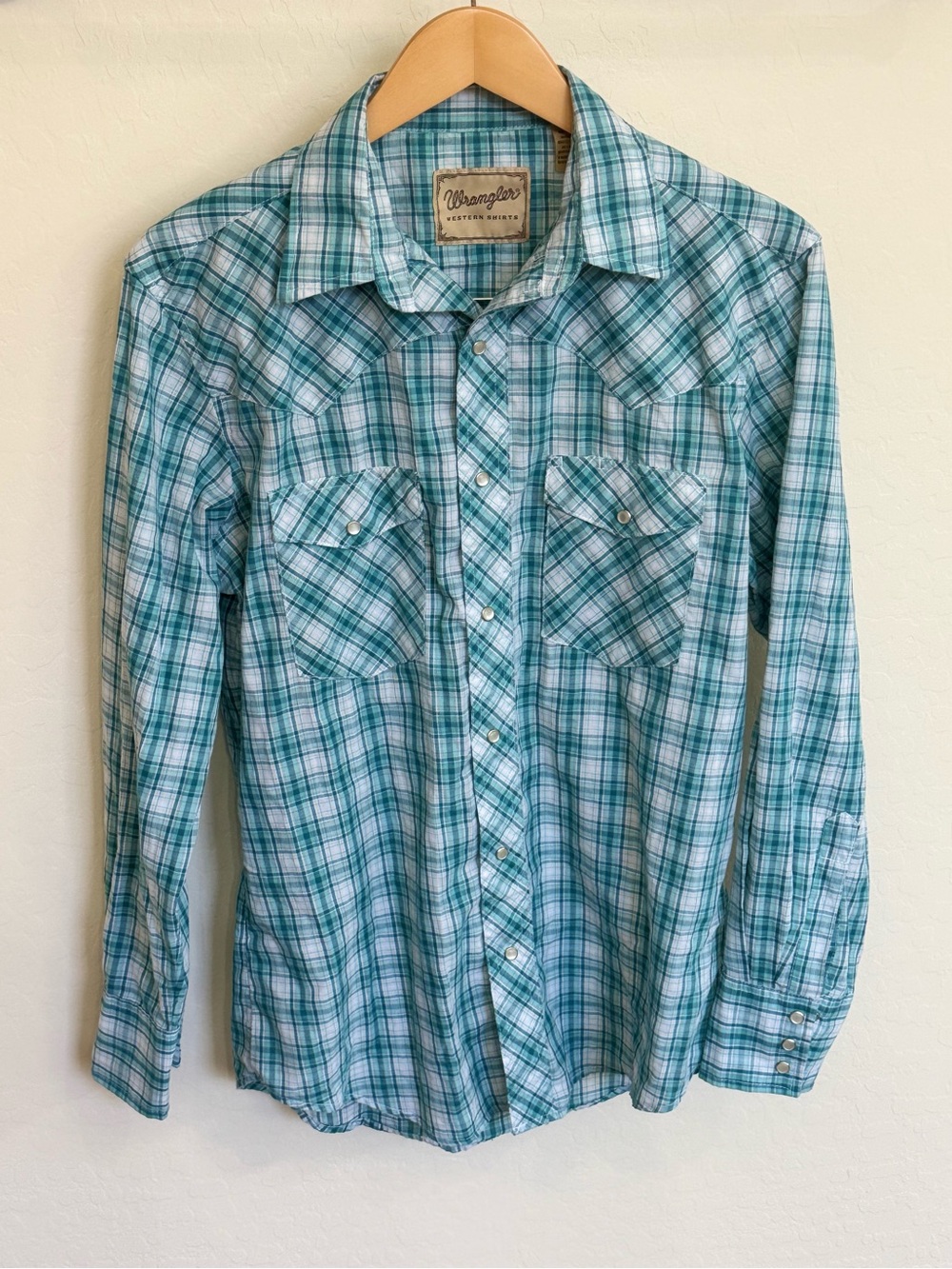 Wrangler Western Shirt Mens Medium Teal Turquoise Plaid Pearl Snap Long Sleeve